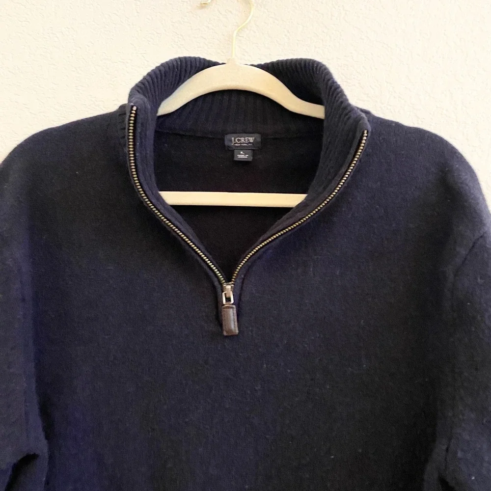 J Crew Mens Navy Blue Merino WoolQuarter‎ Zip Sweater L Long Sleeve Pullover